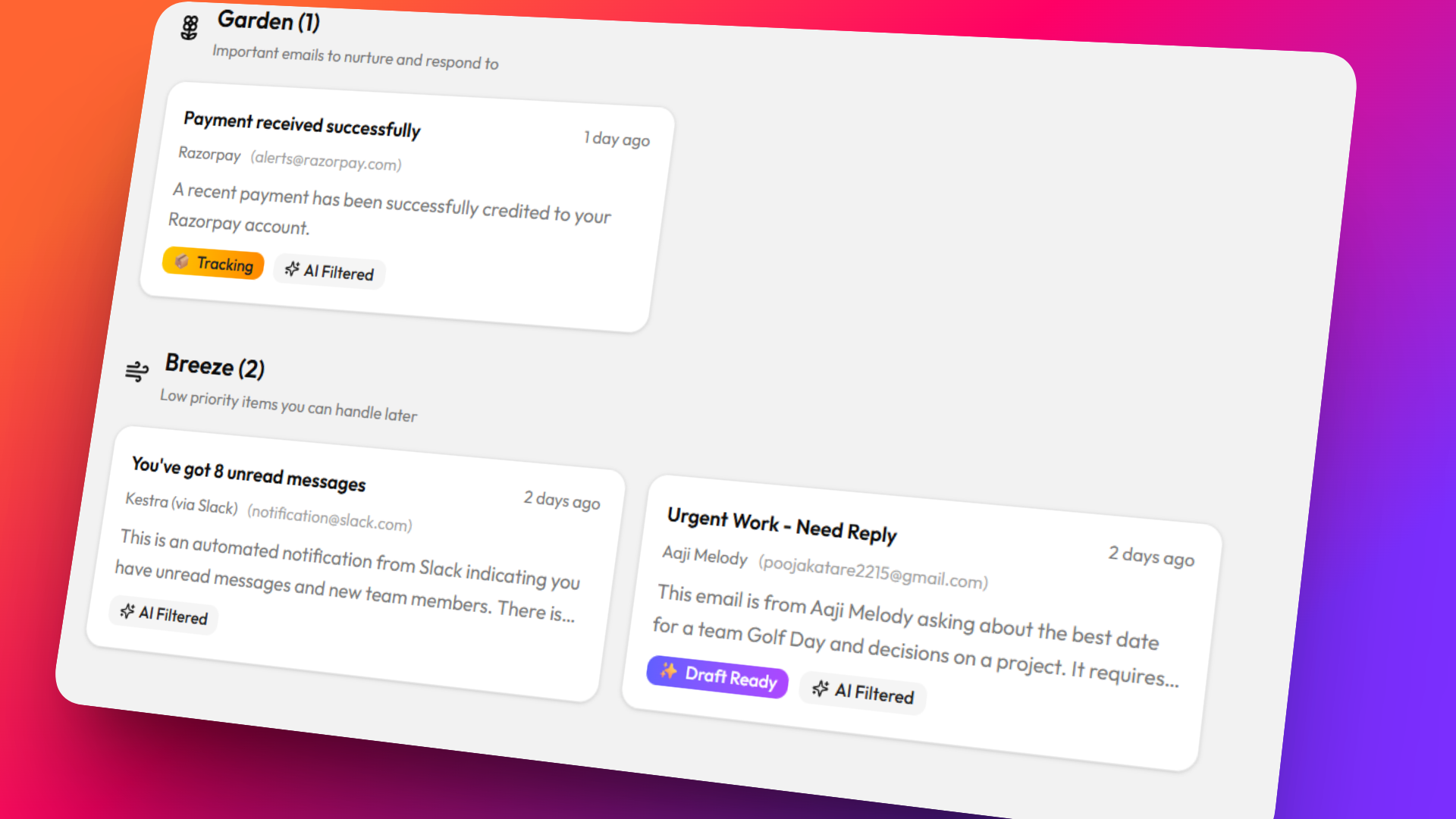 AI filtered emails with auto badges